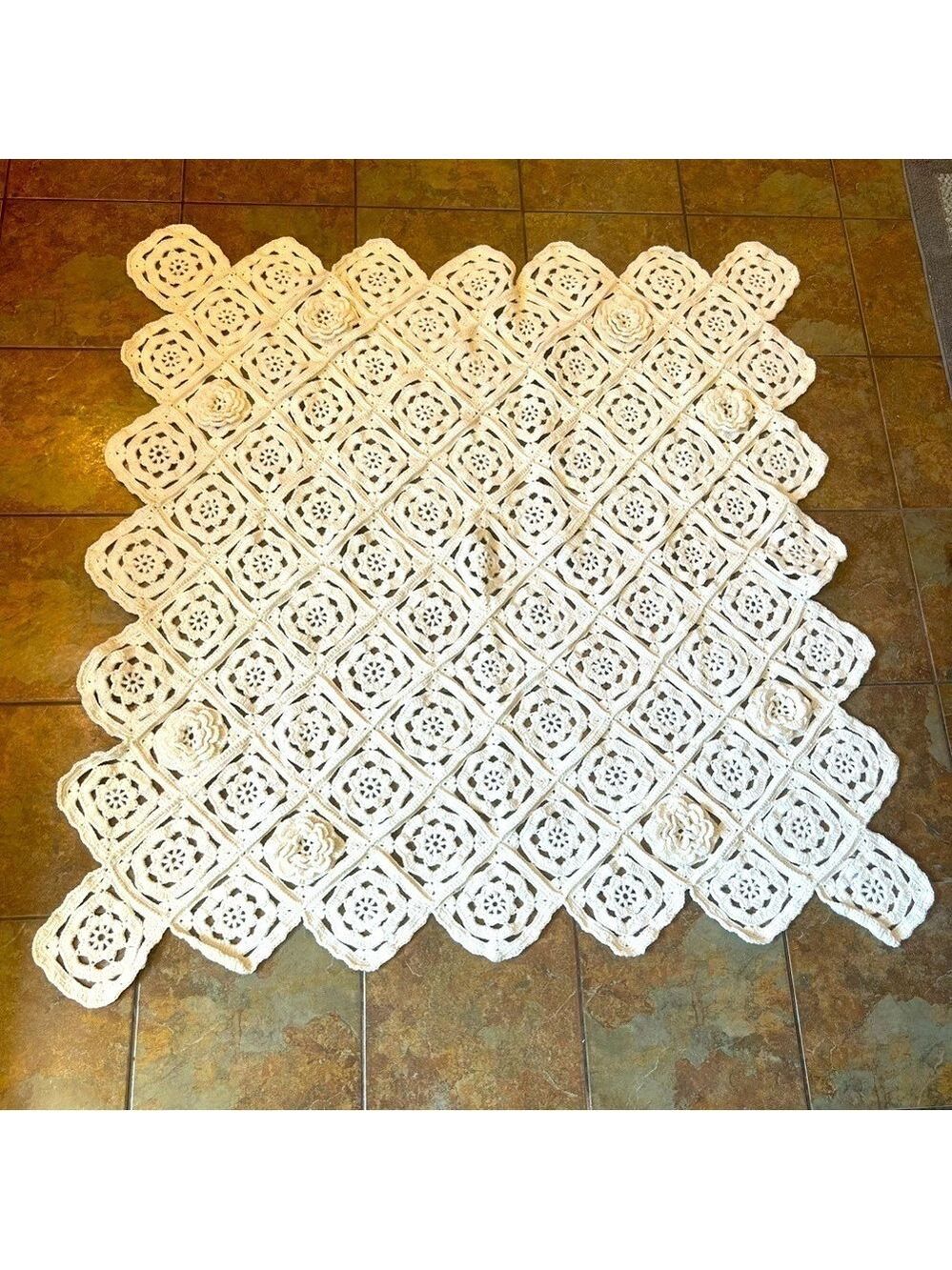 Handmade Crochet Baby Blanket Cream Floral 3D Flowers 57x56”